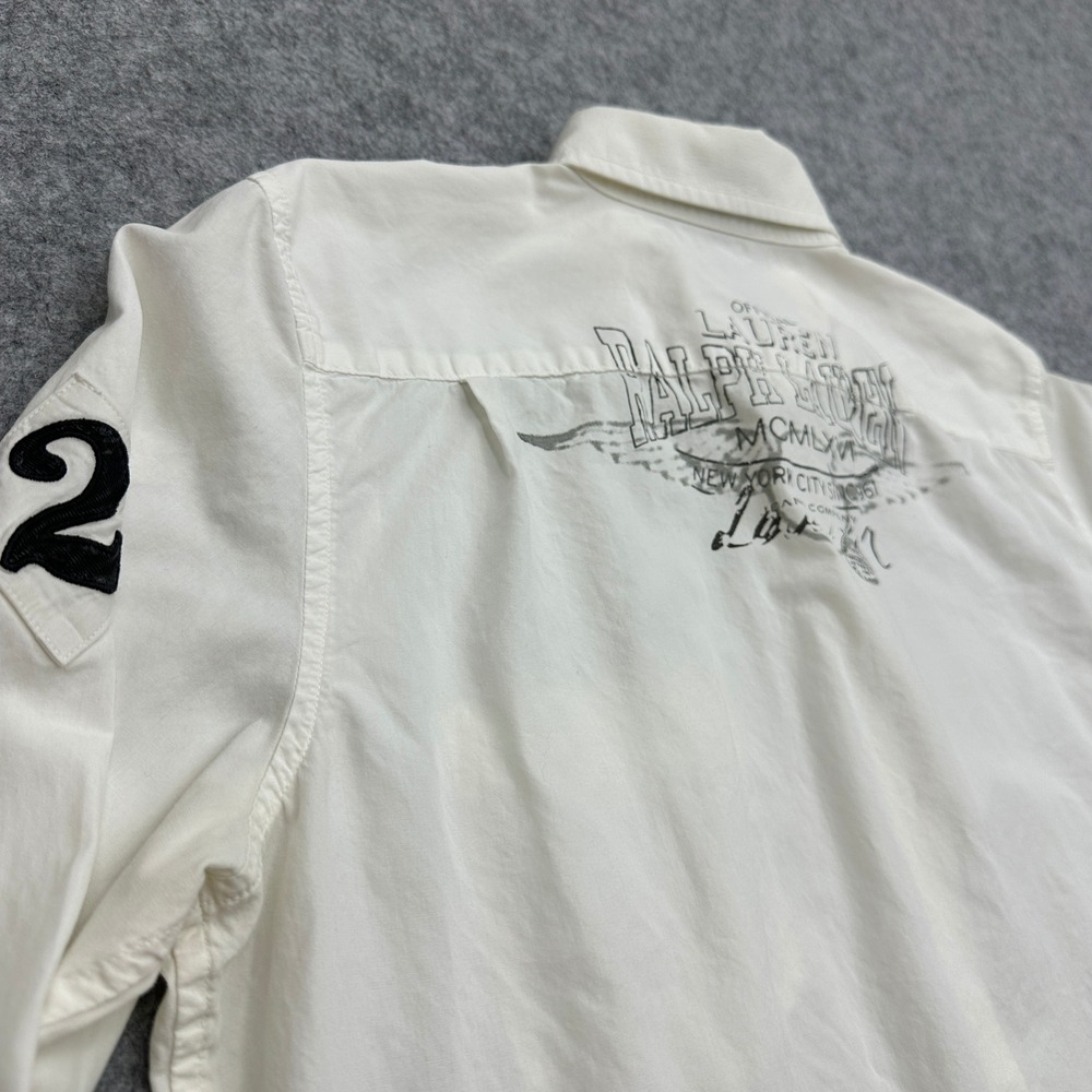 Lauren Ralph Lauren Jeans Co Sz Lg White Graphic Back Button Up Shirt Patch Slv